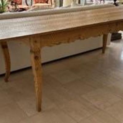 Vintage  Long Pine Dining Table features a shaped apron on cabriole legs. Nice farmhouse/ banquet style provides ample room to seat and...