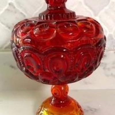 Vintage LE. Smith Amberina Moon and Stars Lidded Compote Dish