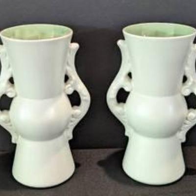 Pair of Vintage Mid Century Scroll Handle White and Green Red Wing Vases. One has a tiny chip on the rim.

Both measure 7.5” high and...