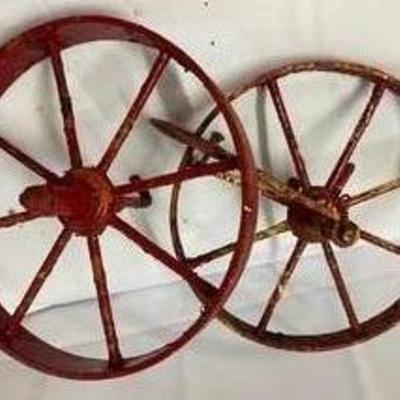 Two Vintage Metal Sixteen Inch Wagon Wheels