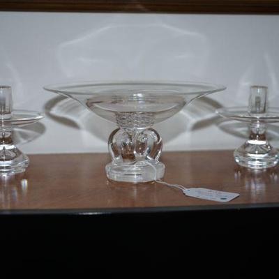 Steuben glass console set. 