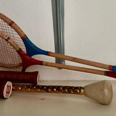 Vintage tennis rackets & baton