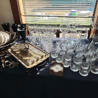 Crystal glasses 7 silver serving dishes
