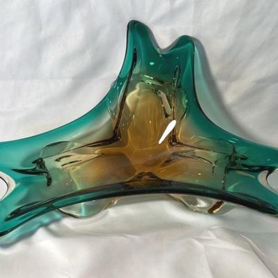 Mid Century G. Giacobbe Murano Glassware Teal * Amber Decorative Dish * See Lot 803 Matching Holders
