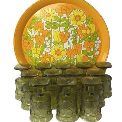 1970’s Bright Cheerful Metal Serving Tray * Vintage Green Small Goblets
