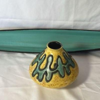 Signed Gorbon Isil Mid Century Pottery Vase * Aqua Canoe Painted Tray Decor
