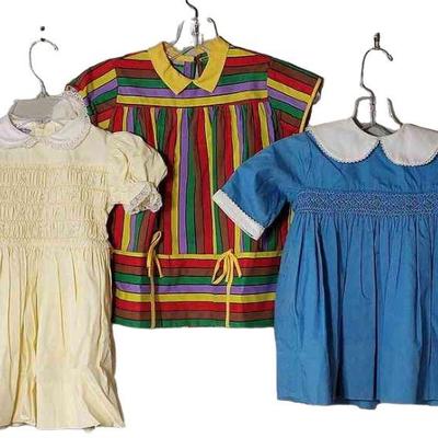 2-Polly Flinders Hand Smocked Children's Dresses (Size 4T) & 1-Handmade Striped Smock
