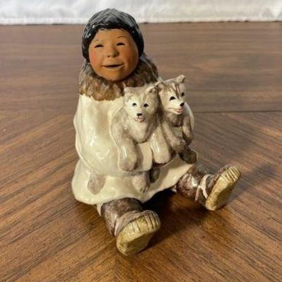 Alan Johnson Signed Glazed Pottery Eskimo With Huskies Figurine
