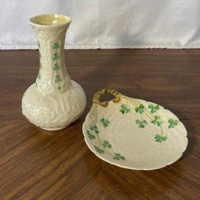 Belleek Shamrock Design Small Vase * Teabag Holder
