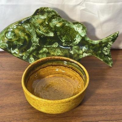 Unique Green Glazed Ceramic Fish * Handmade Ceramic Bowl Italy
