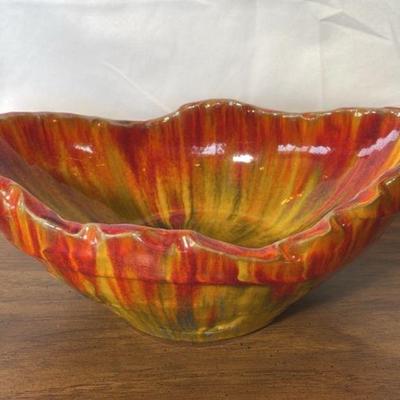 Oval Glazed Stamped Ceramic Decorative Bowl * Reds * Yellows
