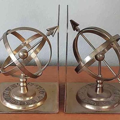 Vintage Brass Spherical/Sundial Bookends - Made In Korea
