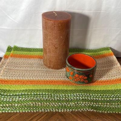 Woven 70’s Colors Placemats * Big Candle * Signed Ceramic Bowl
