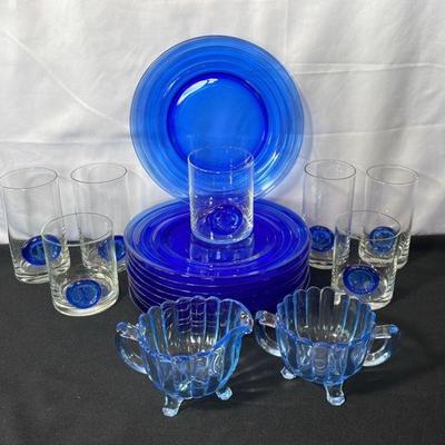 Blue Glass Salad Plates * Stamped Blue Eagle Glasses * Blue Glass Cream/Sugar Bowls
