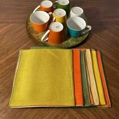 OMC Japan Porcelain Mid Century Modern Style Teacups * Color block Linen Napkins
