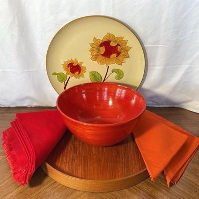 Wooden Tray * Red Wood Bowl * Daisy Tray and Cloth Napkins
