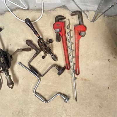 Lot 600-244.  
Antique Shoulder Press Drills and Pipe Wrenches