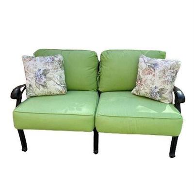 Crate & Barrel Black on Aluminum Patio Love Seat with Green Cushions