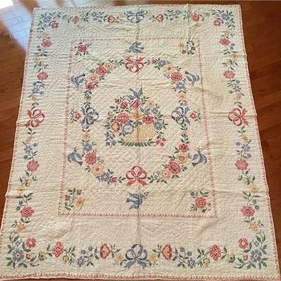 Lot 475  
Antique Embroidered Florals and Basket Quilt Topper