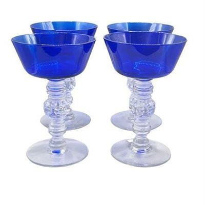 Vintage Helsey Spanish Cobalt Blue and Clear Crystal Glass Cocktail Glasses 4ct