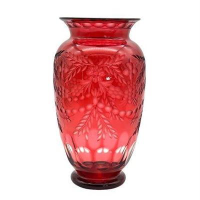 Bohemian Cranberry Cut to Clear Crystal Vase