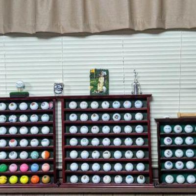 Golf ball collection with display cases & other sports memorabilia