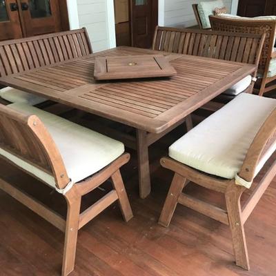 table with lazy Suzanne and set of 4 benches $950
table 53" square X 29"