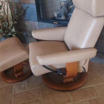 "Stressless" Brand Leather recliner and ottoman