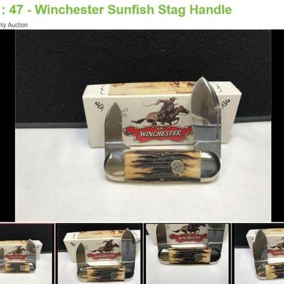 Lot # : 47 - Winchester Sunfish Stag Handle
Blue Grass Cutlery Winchester Cartridge Series 250120 '98 Measures: 4