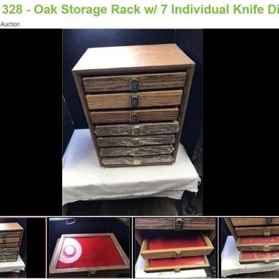 Lot # : 328 - Oak Storage Rack w/ 7 Individual Knife Displays
Oak Storage Rack measures: 15