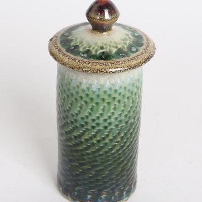 Vintage Signed Green Glazed Covered Jar