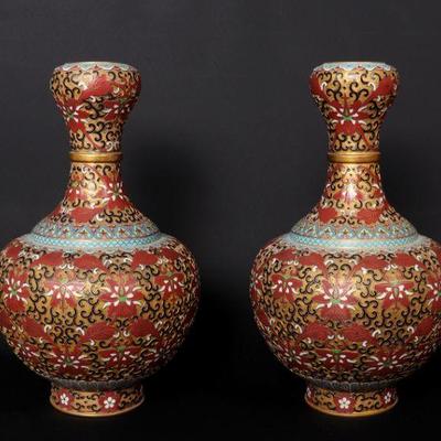 Fine Pair of Red Chinese Raised Cloisonne Vases