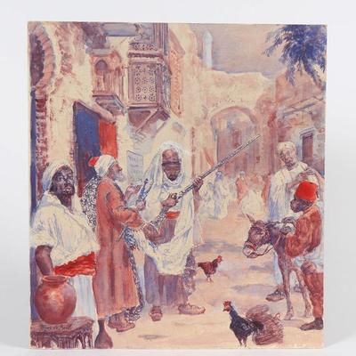 Orientalist Frans de Beul (1849-1919), Water Color Painting - Arab Market
