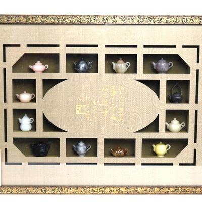 12 Chinese Jade & Hardstone Miniature Teapots, Framed