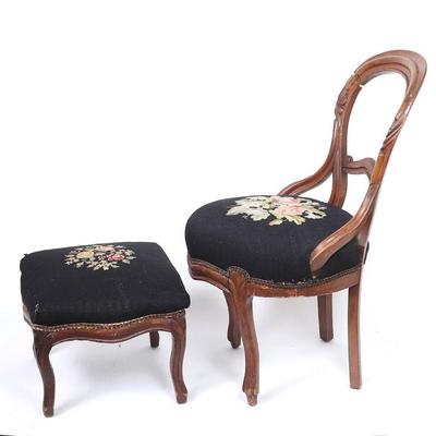 Pair Vintage Needlepoint Chair and Footstool