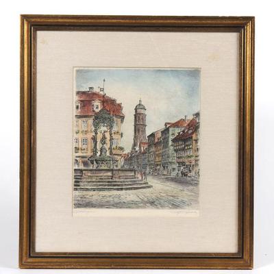 Color Etching of Ganseliesel Fountain in Gottingen, Germany