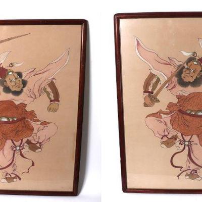 Pair of Large Zhong Kui Silk Paintings