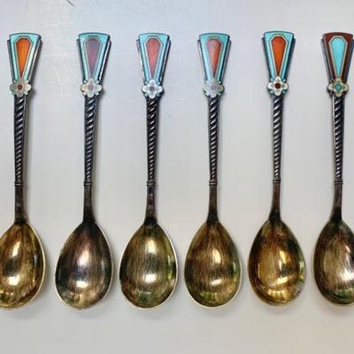 Six Russian 916 enameled and gilded silver spoons w/ original case
