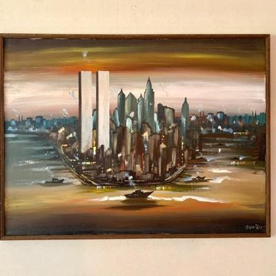 1977 o/c painting, view of lower Manhattan, 40 x 40" 