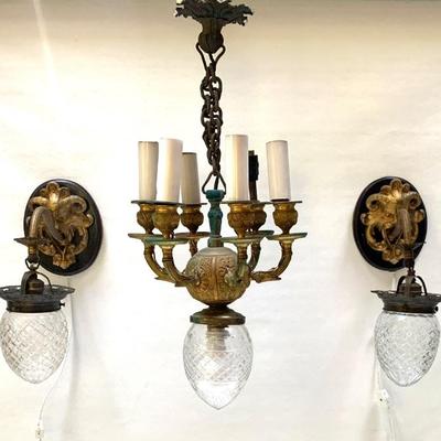 Antique Russian hanging candelabra w/ pr. matching sconces w/ cut glass shades.These  pieces were brought over from Moscow years ago.