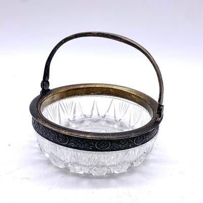 Russian cut glass bowl w/ 875 silver rim and handle