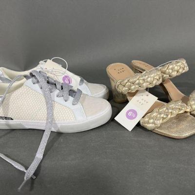 Lot 324 | 2 Pair 6.5 Shoes Silver Sneakers and Gold Heels