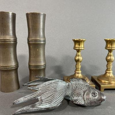 Lot 73 | Two Sets of Brass Candlesticks and Brass Fish
