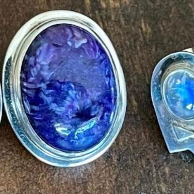 2 Pairs Sterling Silver Earrings - Oval Charoite & Rainbow Moonstone Post Earrings - Total Weight 23.1 Grams 