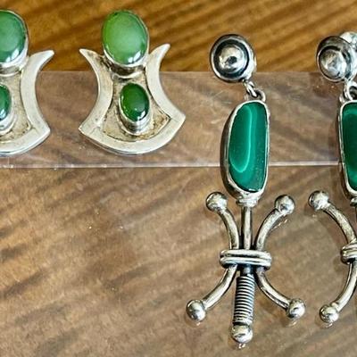 2 Pairs Hand Made Sterling Silver Jade Post & Malachite Wire Earrings - Total Weight 15.2 Grams
