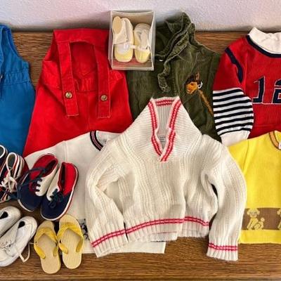 Vintage Boys Baby Clothes And Shoes - Overalls And Shirts
