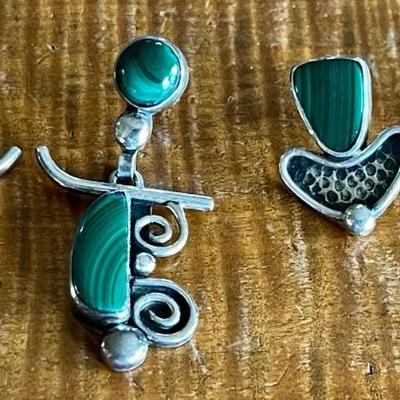 Two Pairs Of Hand Made Sterling Silver & Malachite Earrings - Total Weight 20.2 Grams 