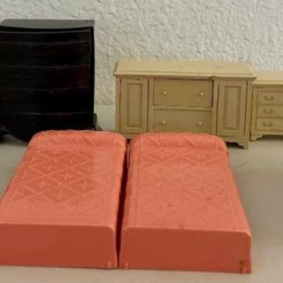 Vintage Miniature Doll House Furniture - Plasco Toy Dressers, Beds, Table, Cabinet