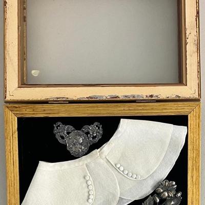 Wooden Glass Front Shadow Box With Antique Collar And Buckles