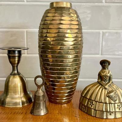 1960's Brass Lot - Twist Vase - Southern Belle Bell - Candle Stick Bell & Small India Bell 